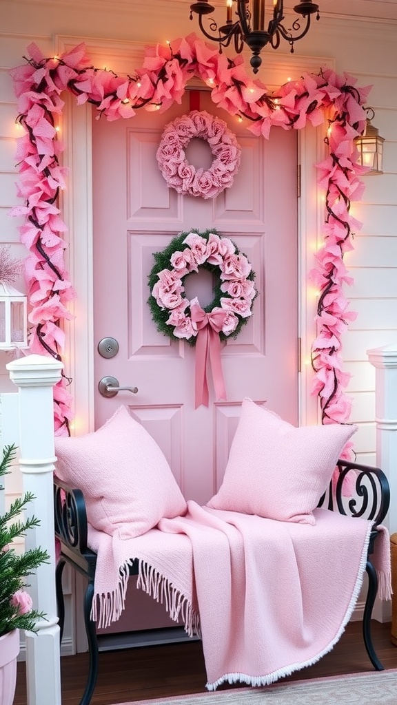 Pink Christmas Entryway Decoration Ideas A festive pink Christmas entryway with a wreath, garlands, pillows, and fairy lights.
